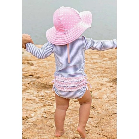 RuffleButts Other - RuffleButts Blue Stripe Seersucker Pink Ruffle UPF 50 Long Sleeve Rashguard Swim
